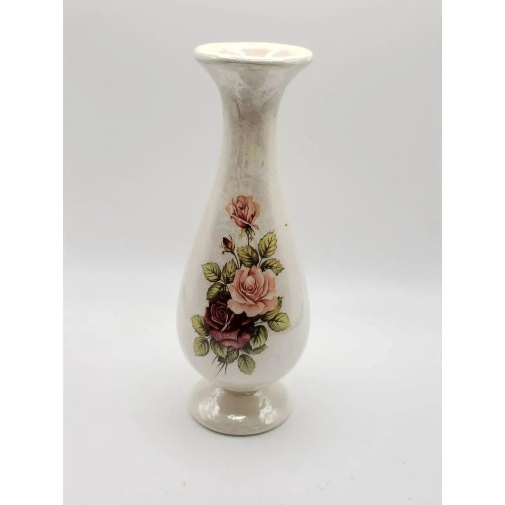 VTG Antique Iridescent Pink Rose Floral Single Stem Bud Vase Signed Fay's Cerami